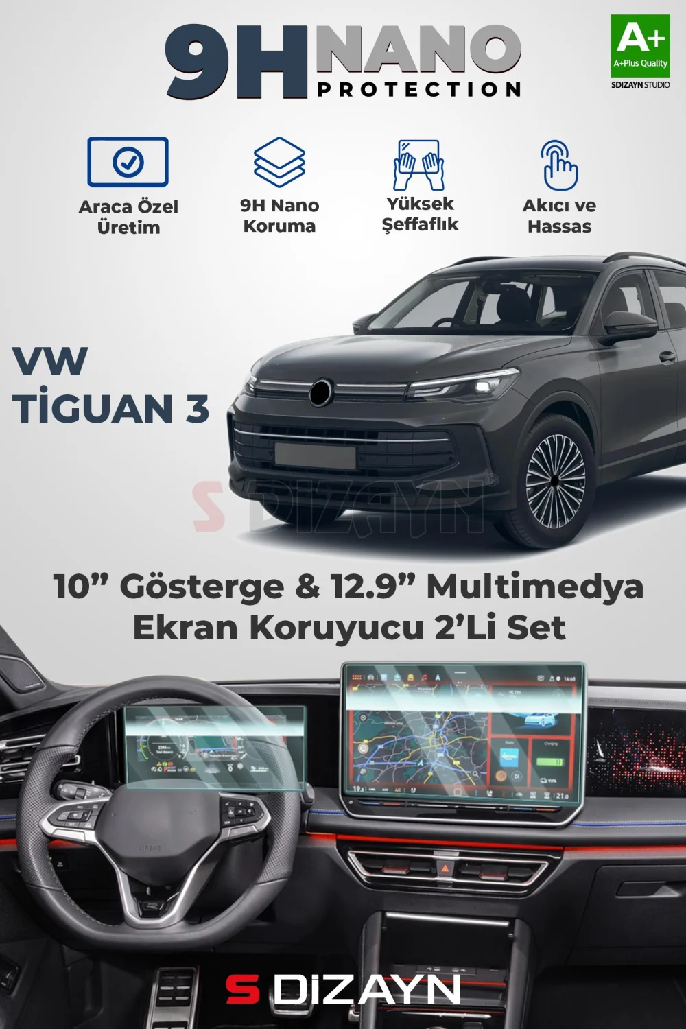 S-Dizayn VW Tiguan 3 10 İnç Gösterge ve 12.9 İnç Multimedya 9H Nano Ekran Koruyucu 2'Li Set (PARLAK) 2024 Üzeri A+ Kalite