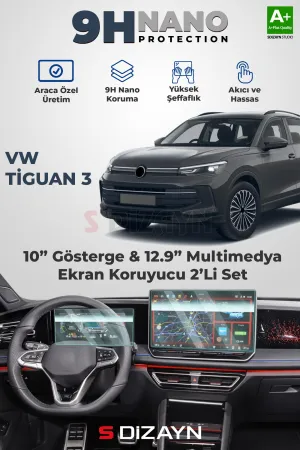 S-Dizayn Vw Tiguan 3 10 İnç Gösterge Ve 12.9 İnç Multimedya 9H Nano Ekran Koruyucu 2'Li Set (Parlak) 2024 Üzeri A+ Kalite