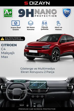 S-Dizayn Citroen C4 Makyajlı Max 9H Nano Gösterge Ve Multimedya Ekran Koruyucu 2'Li Set (Parlak) 2025 Üzeri A+ Kalite