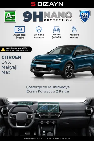 S-Dizayn Citroen C4 X Makyajlı Max 9H Nano Gösterge Ve Multimedya Ekran Koruyucu 2'Li Set (Parlak) 2025 Üzeri A+ Kalite