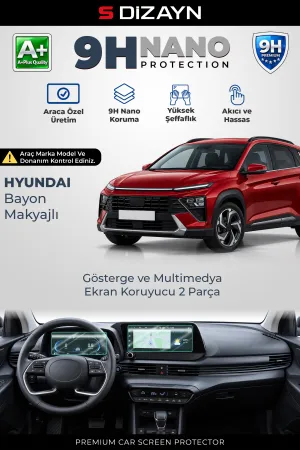 S-Dizayn Hyundai Bayon Makyajlı Dijital Göstergeli 9H Nano Gösterge Ve Multimedya Ekran Koruyucu 2'Li Set (Parlak) 2024 Üzeri A+ Kalite