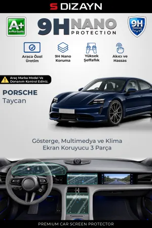S-Dizayn Porsche Taycan 9H Nano Gösterge, Multimedya ve Klima Ekran Koruyucu 3'Lü Set (PARLAK) 2020 Üzeri A+ Kalite