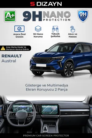 S-Dizayn Renault Austral Techno 9H Nano Gösterge Ve Multimedya Ekran Koruyucu 2'Li Set (Parlak) 2023 Üzeri A+ Kalite
