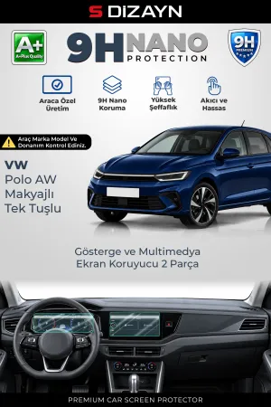 S-Dizayn Vw Polo Makyajlı Tek Tuşlu 9H Nano Gösterge Ve Multimedya Ekran Koruyucu 2'Li Set (Parlak) 2024 Üzeri A+ Kalite