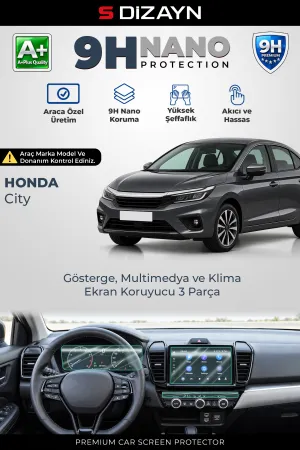 S-Dizayn Honda City 9H Nano Gösterge, Multimedya ve Klima Ekran Koruyucu 3'Lü Set (PARLAK) 2021-2023 A+ Kalite