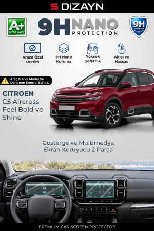 S-Dizayn Citroen C5 Aircross Feel Bold ve Shine 12.3 ve 8 İnç 9H Nano Gösterge ve Multimedya Ekran Koruyucu 2'Li Set (PARLAK) 2019-2021 A+ Kalite