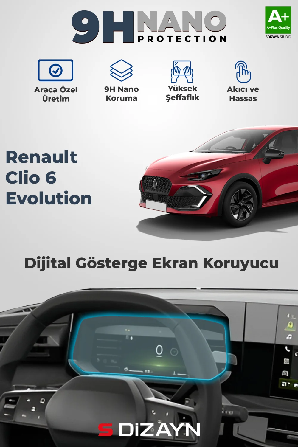S-Dizayn Renault Clio 6 Evolution 9H Nano Dijital Gösterge Ekran Koruyucu (PARLAK) 2026 Üzeri A+ Kalite