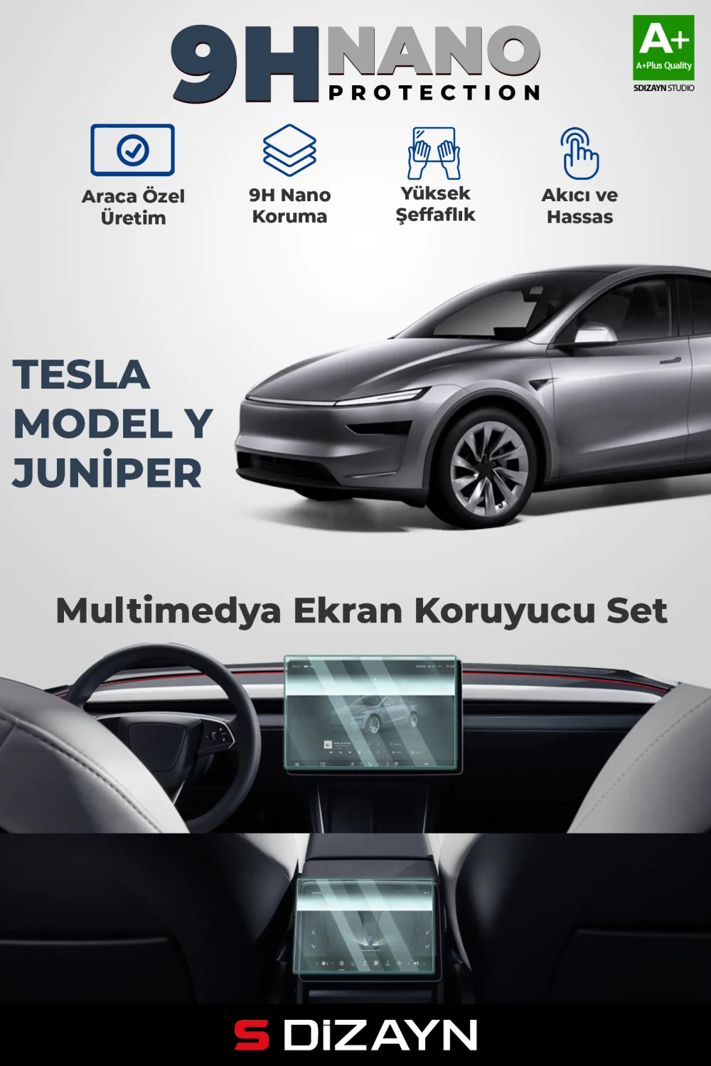 S-Dizayn Tesla Model Y Juniper Ön ve Arka Ekran Koruyucu Seti (PARLAK) 2025 Üzeri A+ Kalite