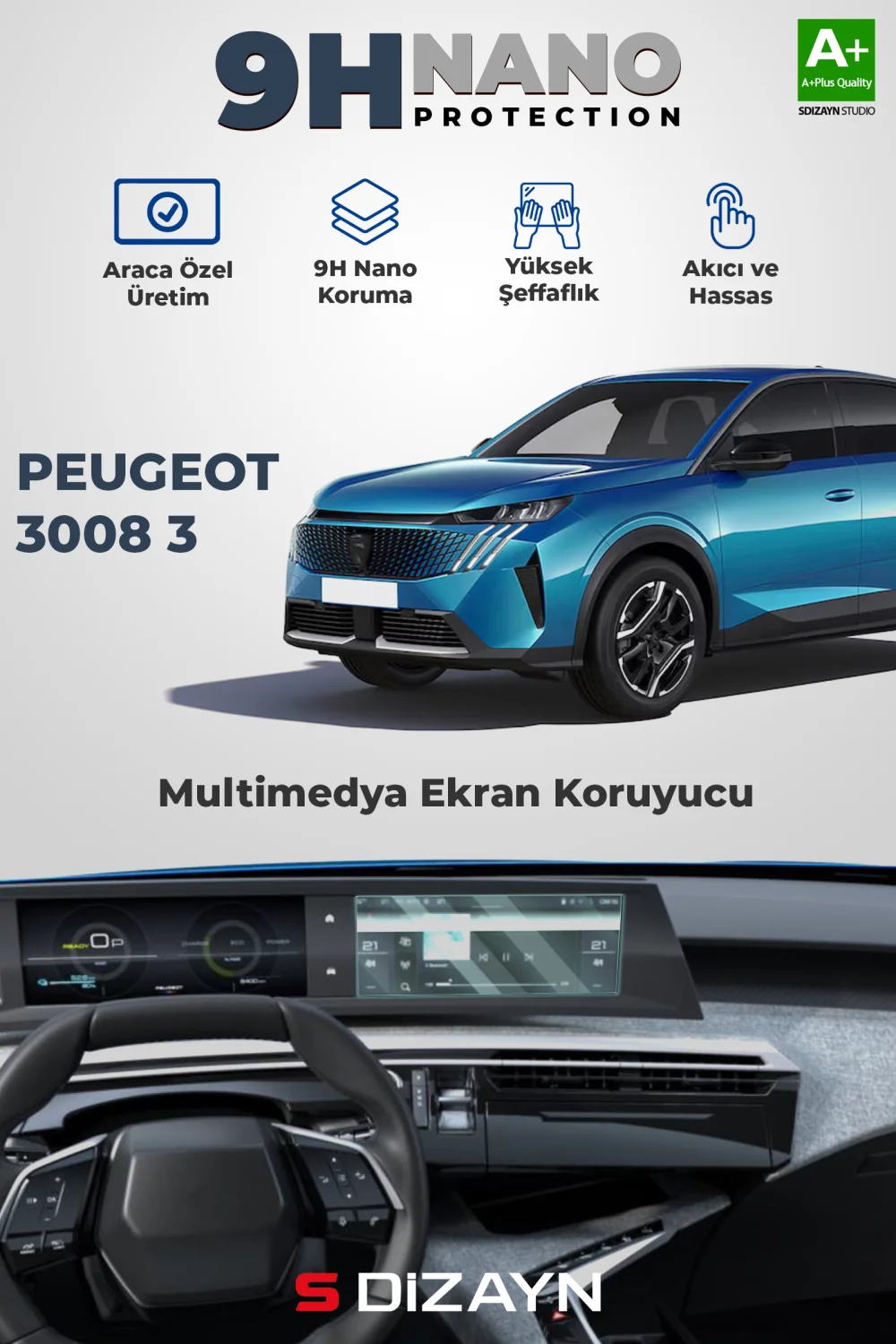 S-Dizayn Peugeot 3008 3 10 İnç 9H Nano Multimedya Ekran Koruyucu (PARLAK) 2024 Üzeri A+ Kalite