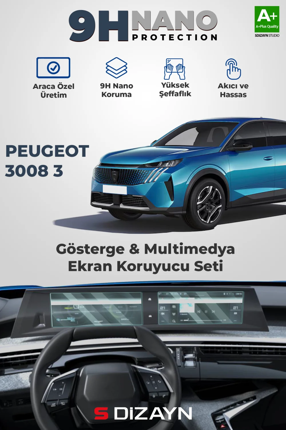 S-Dizayn Peugeot 3008 3 10 İnç 9H Nano Gösterge ve Multimedya Ekran Koruyucu (PARLAK) 2024 Üzeri A+ Kalite