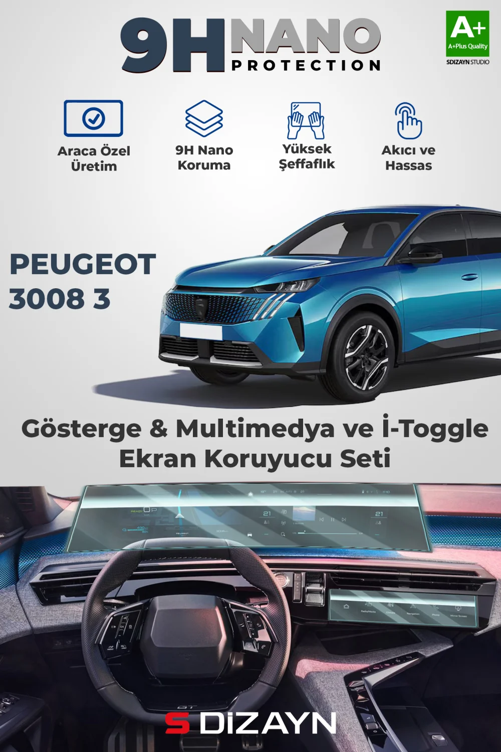 S-Dizayn Peugeot 3008 3 21 İnç 9H Nano Kavisli Ekran ve İ-Toggle Ekran Koruyucu (PARLAK) 2024 Üzeri A+ Kalite