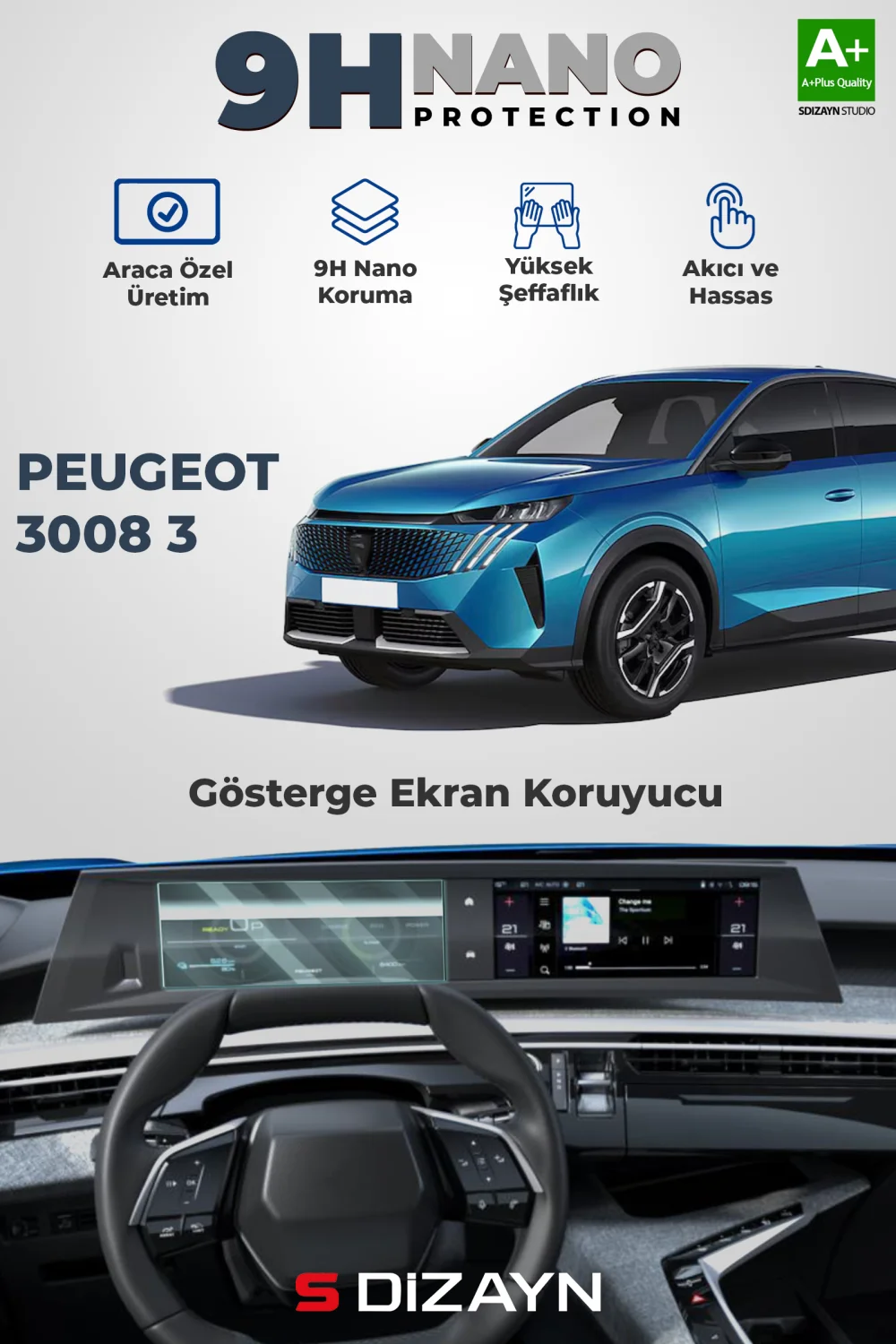 S-Dizayn Peugeot 3008 3 10 İnç 9H Nano Gösterge Ekran Koruyucu (PARLAK) 2024 Üzeri A+ Kalite