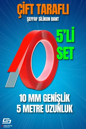 Çift Taraflı Bant 10Mm X 5 Metre 5'Li Paket Şeffaf Silikon Vhb Bant A+Kalite